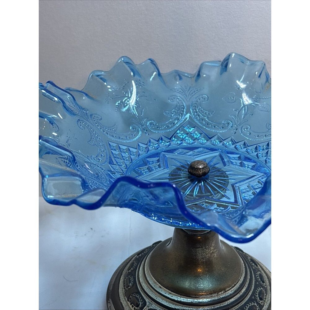 Blue Crimped Ruffled Candy Dish Compote Art Glass 6 Star Paisley Pattern - Picture 1 of 12